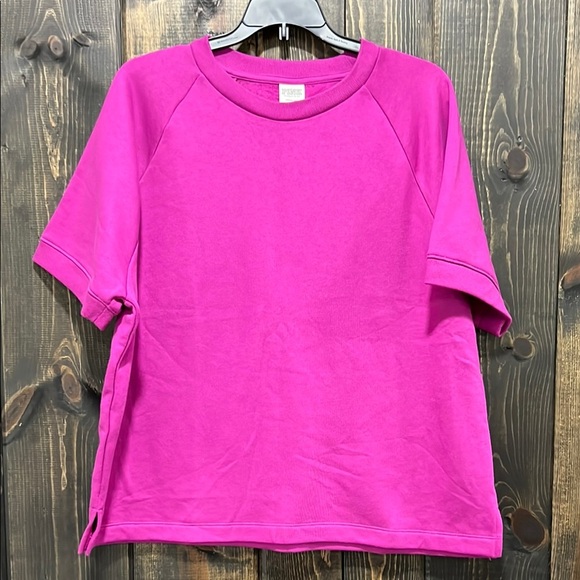 NWT VS Pink Fleece Cropped Sweater L Purple Short Sleeves Activewear Loungewear - Picture 1 of 8